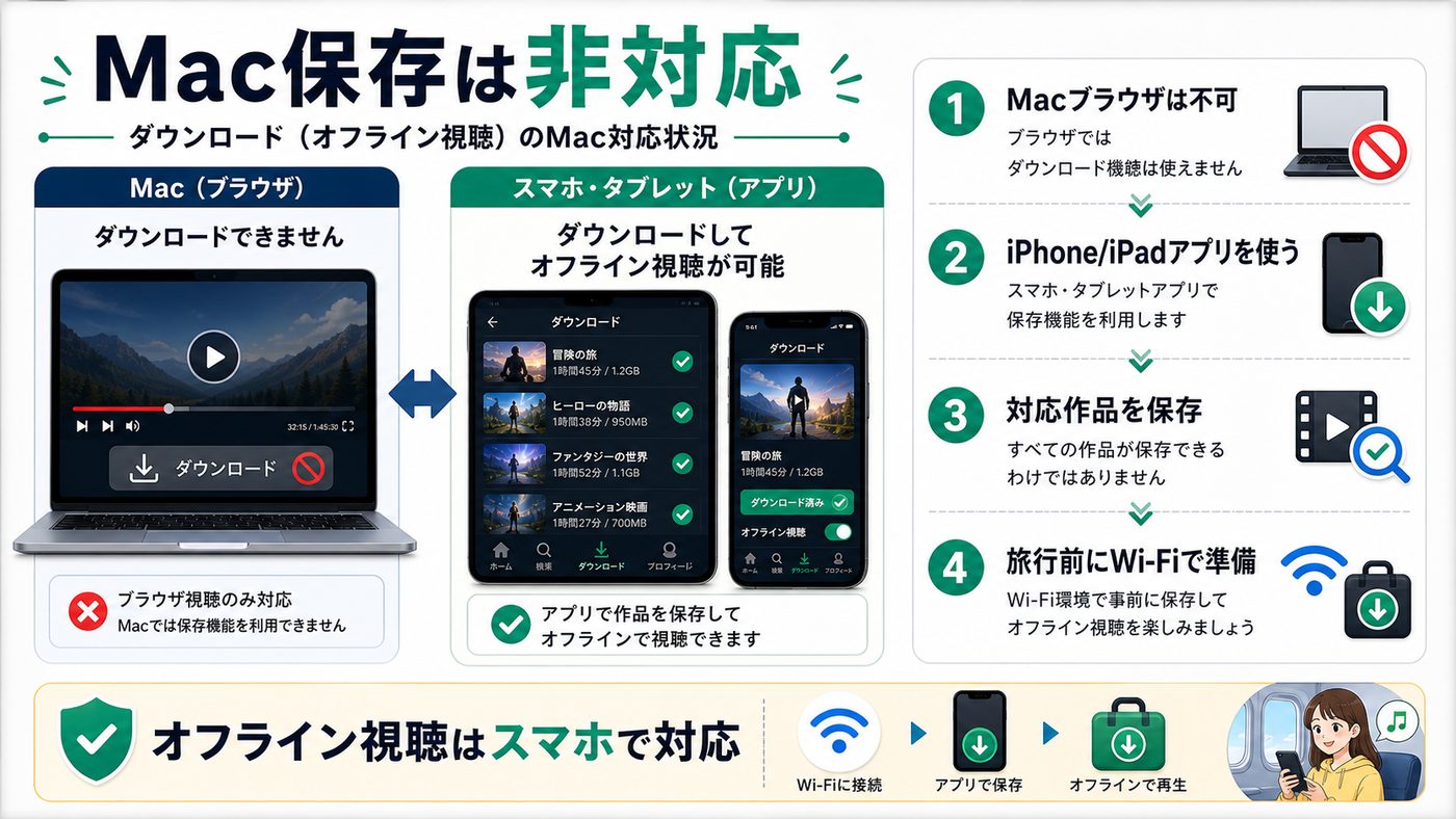 Disney+のMacダウンロード非対応とスマホアプリでのオフライン視聴を示す図解
