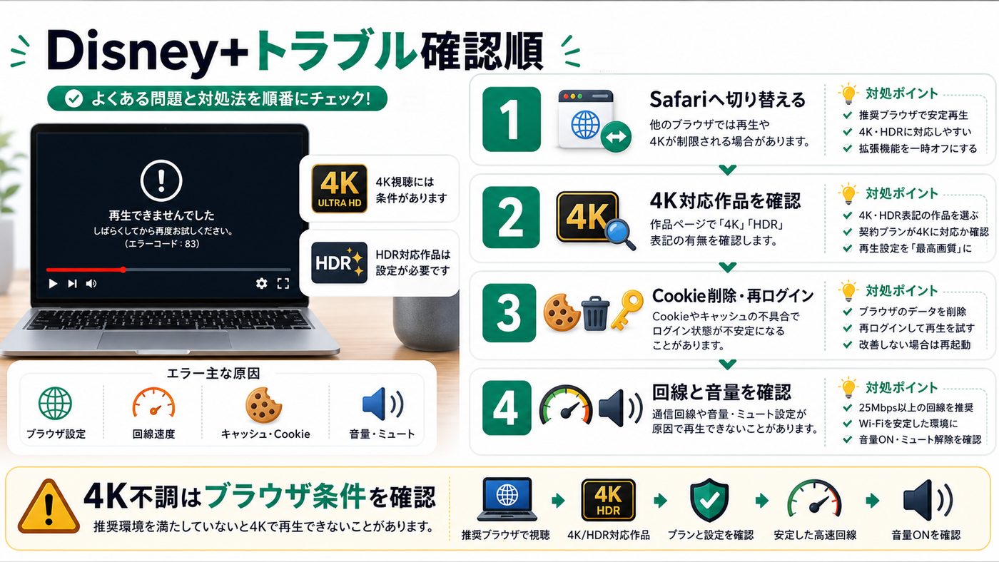MacでDisney+が再生できない時や4Kにならない時の確認順を示す図解