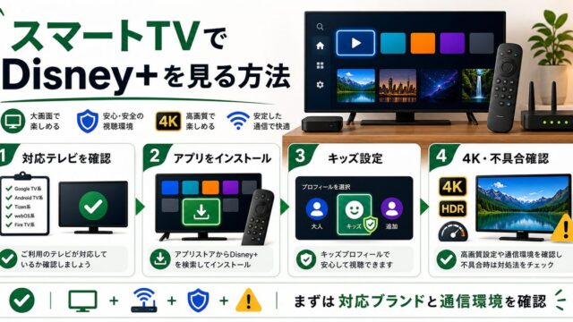 スマートTVでDisney+を見る方法とキッズ設定や高画質確認を示すアイキャッチ