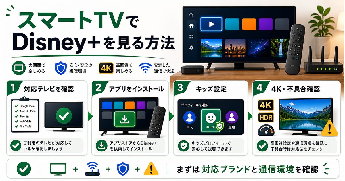 スマートTVでDisney+を見る方法とキッズ設定や高画質確認を示すアイキャッチ