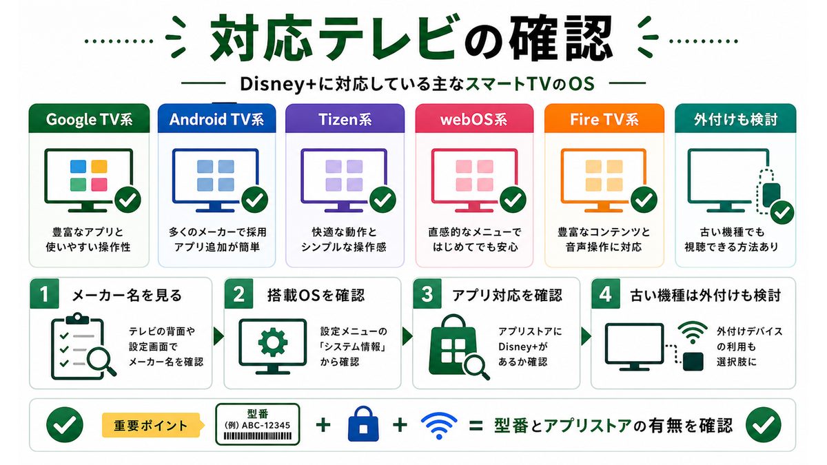 Disney+対応スマートTVのメーカーや搭載OSを確認する図解
