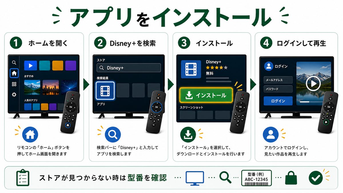 スマートTVでDisney+アプリを検索してインストールする手順を示す図解