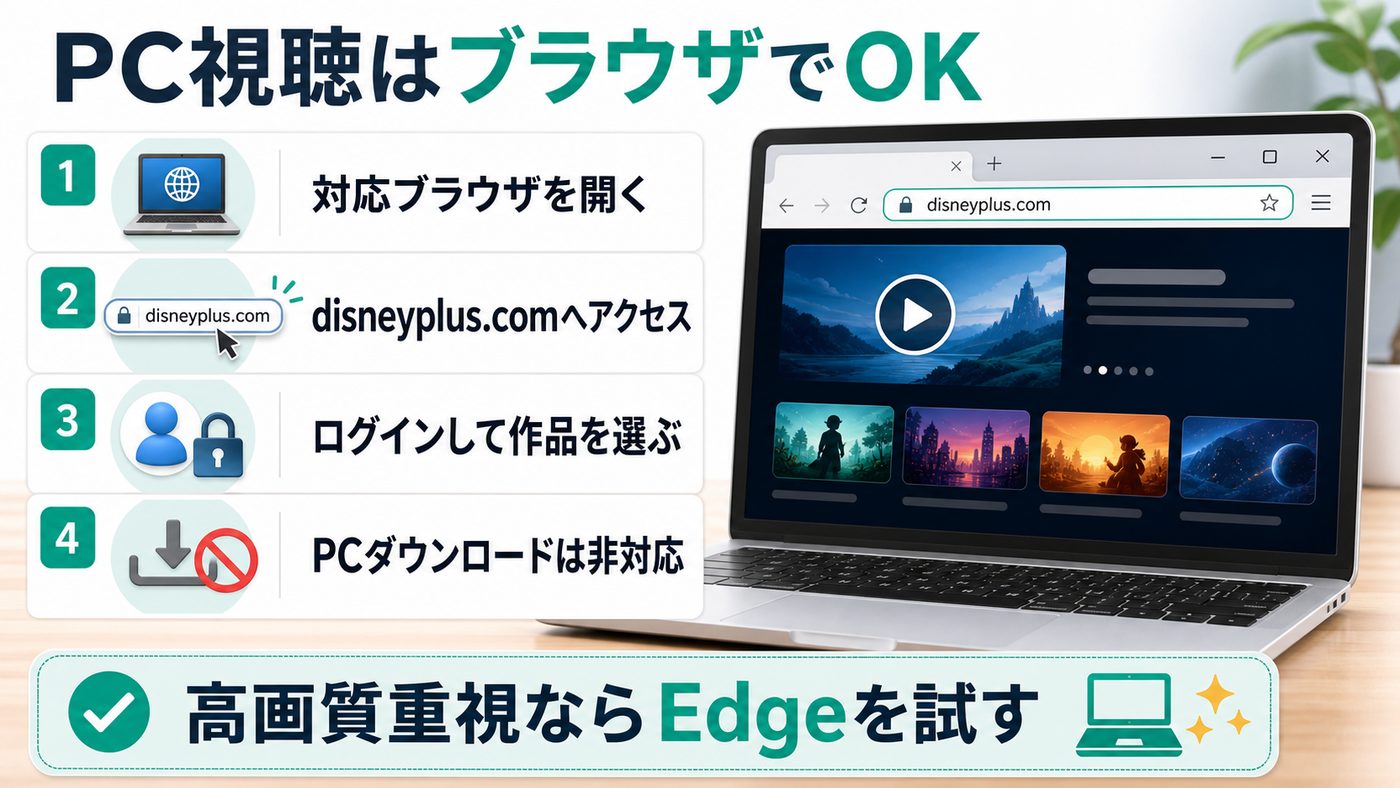 Windows PCでDisney+をブラウザ視聴する手順とPCダウンロード非対応を示す図解