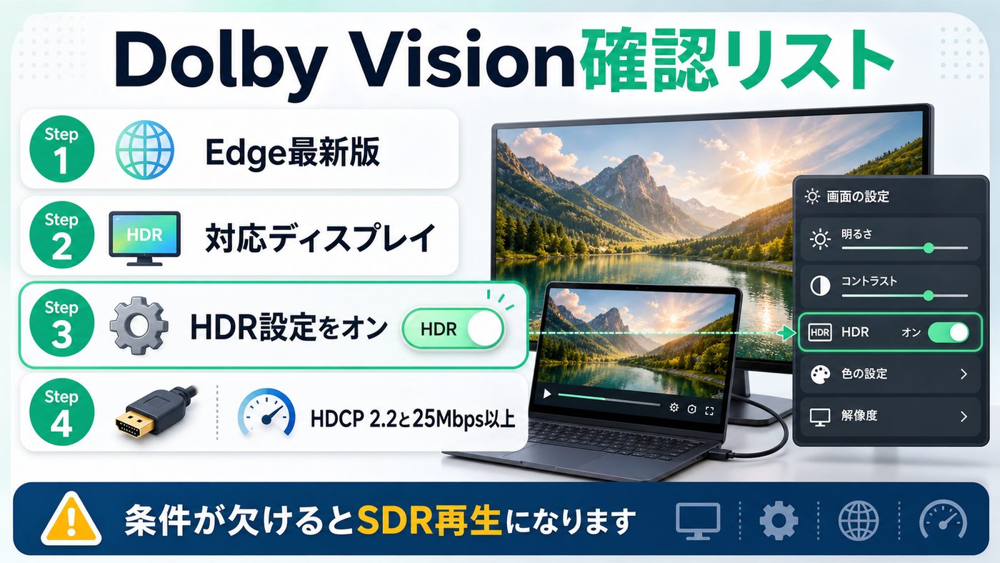 Disney+をWindowsでDolby Vision視聴するためのEdgeやHDR設定などの条件を示す図解