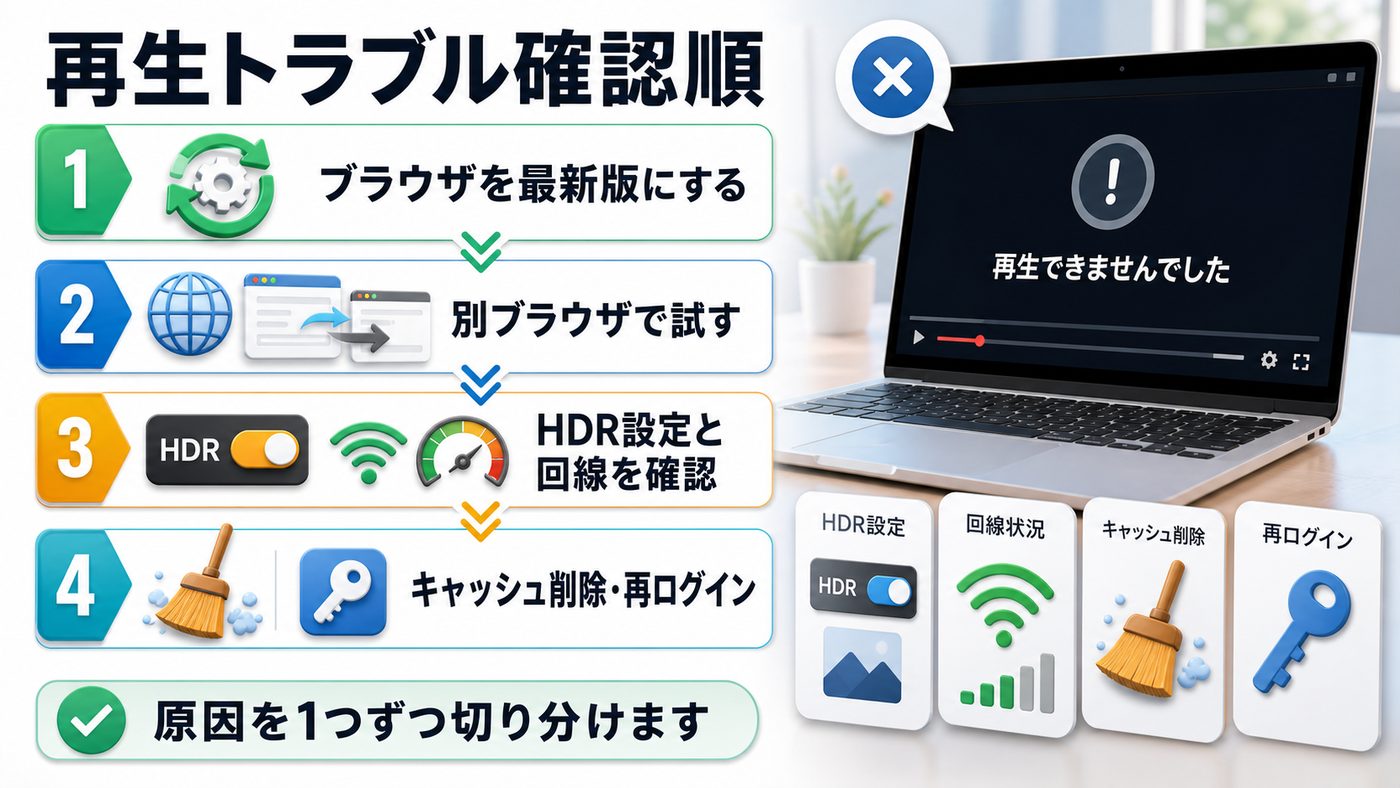 Windows PCでDisney+が再生できない時の確認順を示すトラブル対処図解