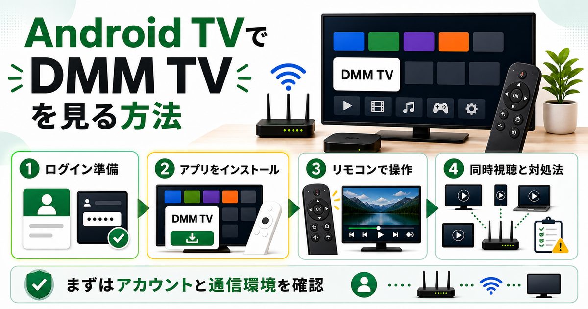 Android TVでDMM TVを見る方法とログイン準備や同時視聴を示すアイキャッチ