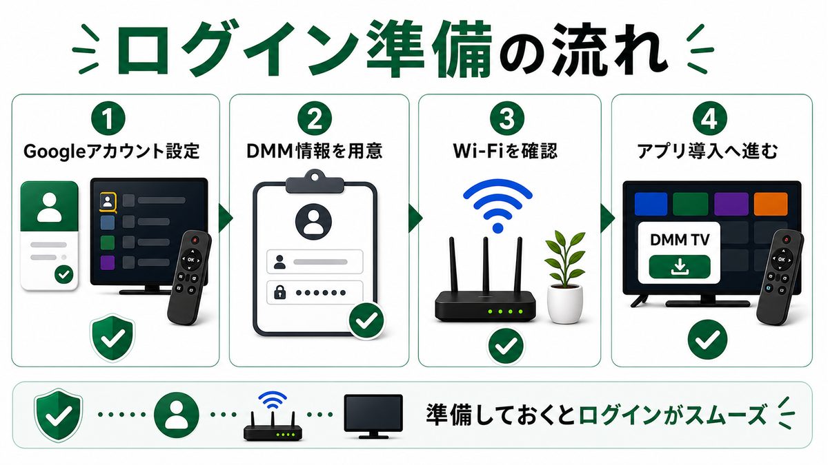 Android TVでDMM TVへログインする前の準備を示す図解