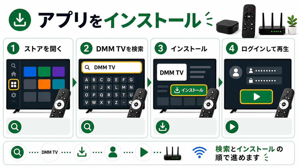 Android TVでDMM TVアプリを検索してインストールする手順を示す図解