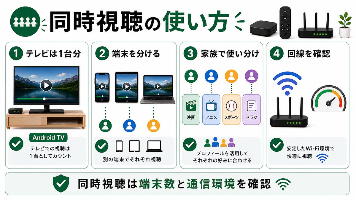 DMM TVの同時視聴をAndroid TVや複数端末で使い分ける考え方を示す図解