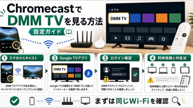ChromecastでDMM TVを見る方法とキャストやログイン確認を示すアイキャッチ