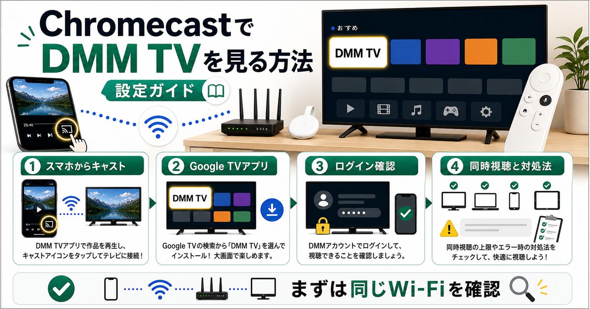 ChromecastでDMM TVを見る方法とキャストやログイン確認を示すアイキャッチ