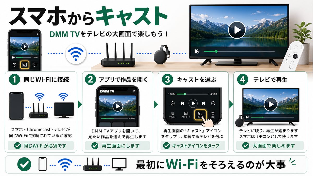 スマホからChromecastでDMM TVをテレビへキャストする手順を示す図解