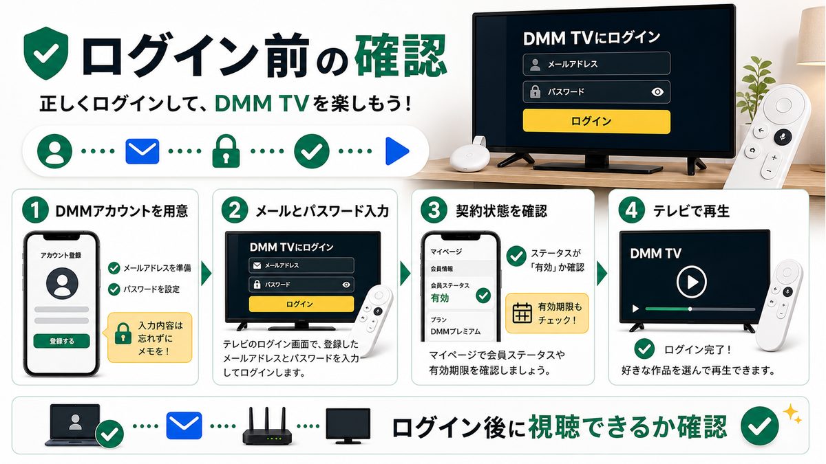 ChromecastでDMM TVへログインする前の確認ポイントを示す図解