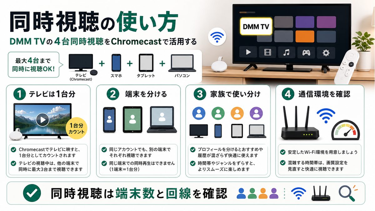 DMM TVの同時視聴をChromecastや複数端末で使い分ける考え方を示す図解