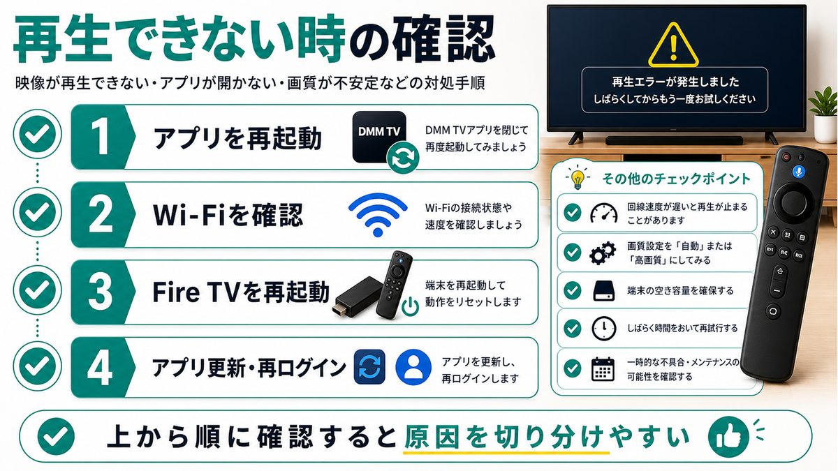 Fire TVでDMM TVが再生できない時の確認順を示すトラブル対処図解