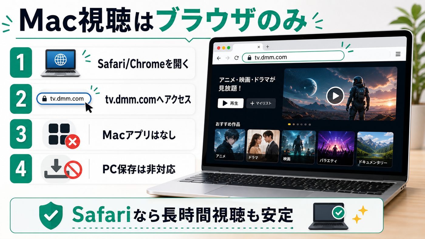 MacでDMM TVをブラウザ視聴する方法とMacアプリ非対応を示す図解