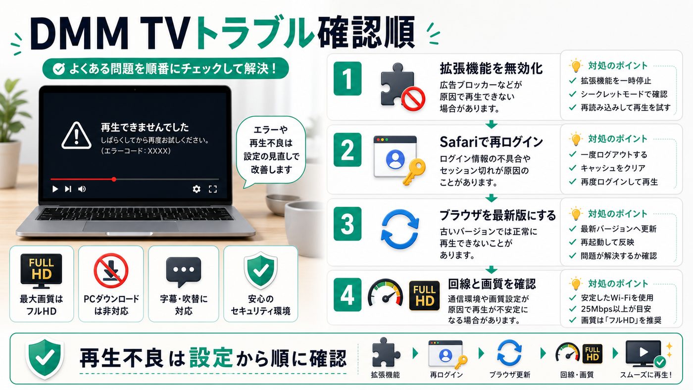 MacでDMM TVが再生できない時の確認順を示すトラブル対処図解