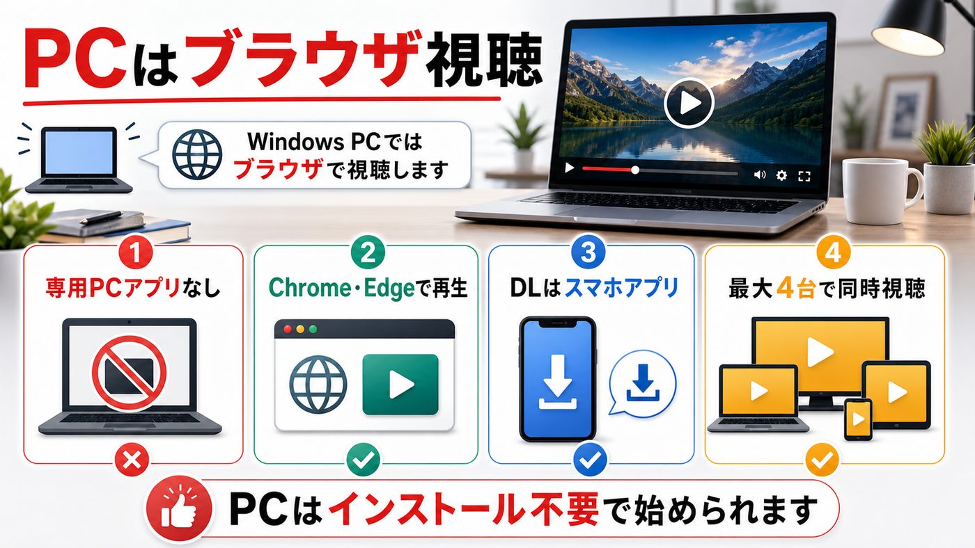 DMM TVをWindows PCで見る時はブラウザ視聴が基本であることを示す図解