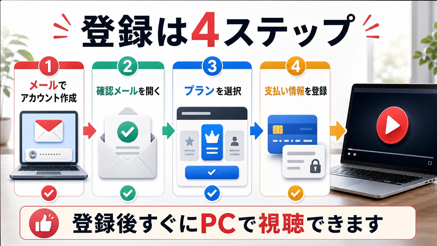 DMMアカウント作成からDMM TV登録までの4ステップを示す図解