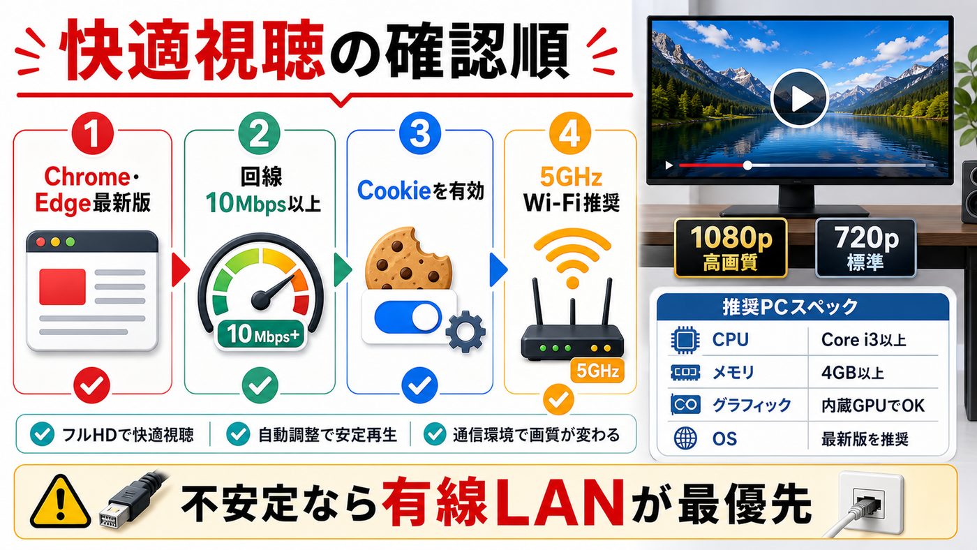 DMM TVをPCで快適に見るためのブラウザ・回線速度・Cookie・Wi-Fi設定の図解