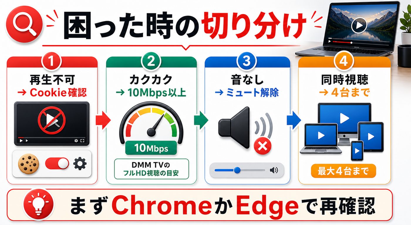 DMM TVのPC視聴で再生不可・カクカク・音なし・同時視聴エラーが出る時の切り分け図解