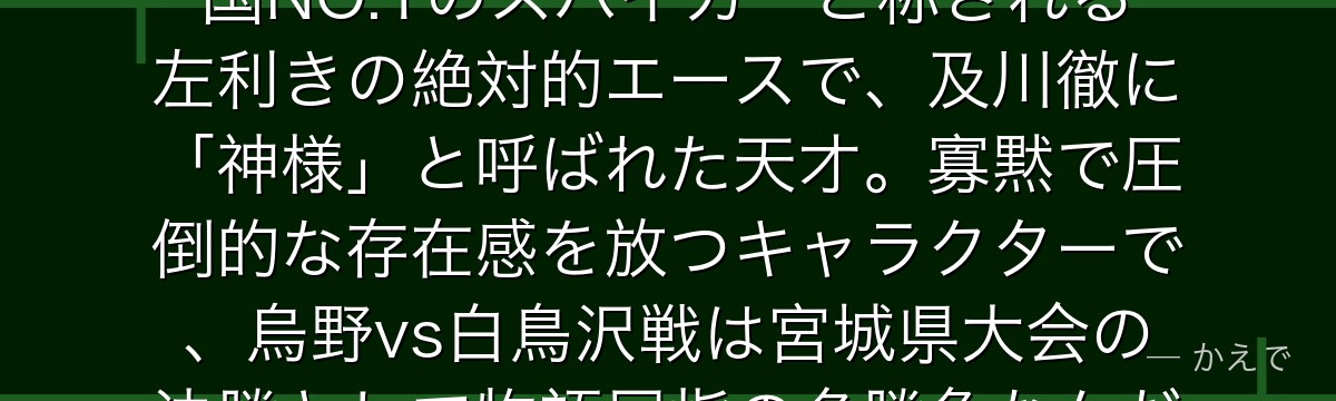 牛島若利は白鳥沢学園バレー部のキャプテン兼ウィングスパイカー！全国NO.1のスパイカーと称される左利きの絶対的エースで、及川徹に「神様」と呼ばれた天才。寡黙で圧倒的な存在感を放つキャラクターで、烏野vs白鳥沢戦は宮城県大会の決勝として物語屈指の名勝負なんだよ！