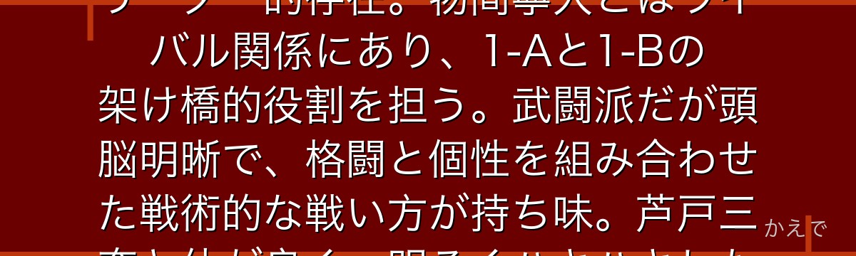 拳藤一佳（バトルフィスト）は手を何倍にも巨大化させる個性「大拳」の使い手！1年B組の学級委員長でリーダー的存在。物間寧人とはライバル関係にあり、1-Aと1-Bの架け橋的役割を担う。武闘派だが頭脳明晰で、格闘と個性を組み合わせた戦術的な戦い方が持ち味。芦戸三奈と仲が良く、明るくハキハキした性格で1-Bの中でも人気が高いんだよ！