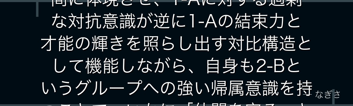 物間寧人を分析すると、僕のヒーローアカデミアが『ライバルキャラとしての鏡の役割』というテーマを物間に体現させ、1-Aに対する過剰な対抗意識が逆に1-Aの結束力と才能の輝きを照らし出す対比構造として機能しながら、自身も2-Bというグループへの強い帰属意識を持つことで、いかに「仲間を守る」という本作の核テーマを別の形で体現しているかが伝わってくるんだよね