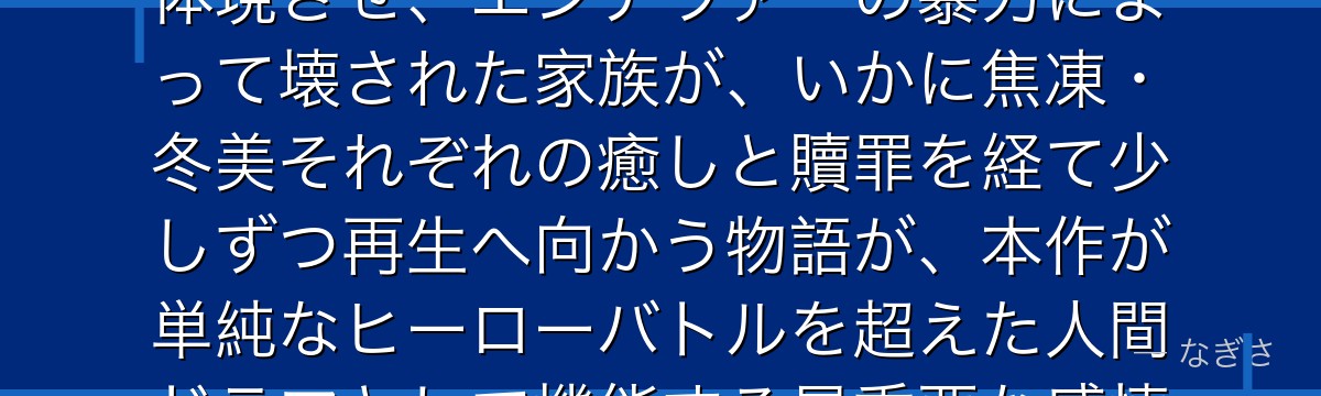 轟冬美を分析すると、僕のヒーローアカデミアが『傷ついた母と家族再生の可能性』というテーマを冬美に体現させ、エンデヴァーの暴力によって壊された家族が、いかに焦凍・冬美それぞれの癒しと贖罪を経て少しずつ再生へ向かう物語が、本作が単純なヒーローバトルを超えた人間ドラマとして機能する最重要な感情基盤になっているかが伝わってくるんだよね