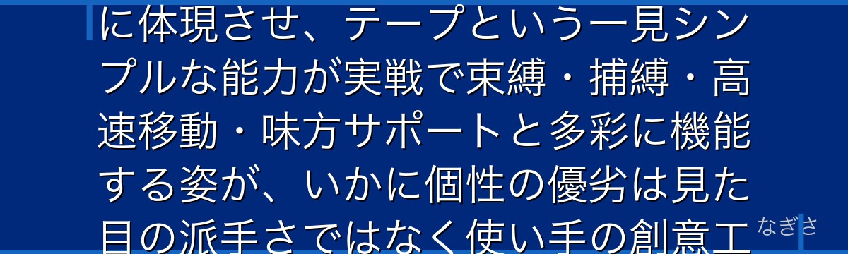 セロ鋒雄を分析すると、僕のヒーローアカデミアが『地味な個性の意外な応用可能性』というテーマをセロに体現させ、テープという一見シンプルな能力が実戦で束縛・捕縛・高速移動・味方サポートと多彩に機能する姿が、いかに個性の優劣は見た目の派手さではなく使い手の創意工夫によることを示しているかが伝わってくるんだよね