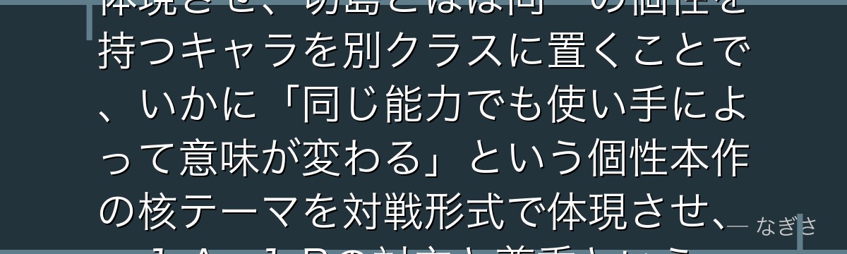 鉄哲徹鐵を分析すると、僕のヒーローアカデミアが『ライバルという鏡の設計技法』というテーマを鉄哲に体現させ、切島とほぼ同一の個性を持つキャラを別クラスに置くことで、いかに「同じ能力でも使い手によって意味が変わる」という個性本作の核テーマを対戦形式で体現させ、1-A・1-Bの対立と尊重という構造に説得力を持たせているかが伝わってくるんだよね