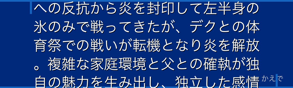 轟焦凍は炎（父・エンデヴァー由来）と氷（母・冷子由来）の二種類の個性を持つ天才ヒーロー！長年、父への反抗から炎を封印して左半身の氷のみで戦ってきたが、デクとの体育祭での戦いが転機となり炎を解放。複雑な家庭環境と父との確執が独自の魅力を生み出し、独立した感情線がシリーズを彩る人気キャラなんだよ！