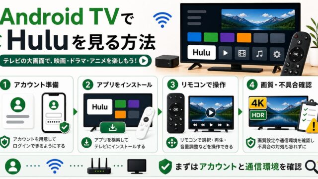 Android TVでHuluを見る方法とアカウント準備や画質確認を示すアイキャッチ