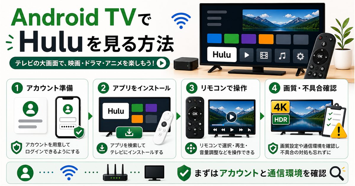 Android TVでHuluを見る方法とアカウント準備や画質確認を示すアイキャッチ