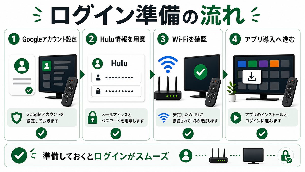 Android TVでHuluへログインする前の準備を示す図解