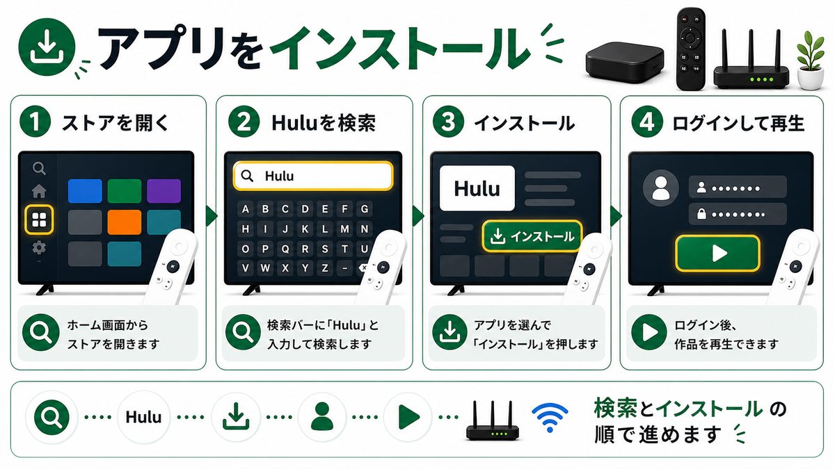 Android TVでHuluアプリを検索してインストールする手順を示す図解