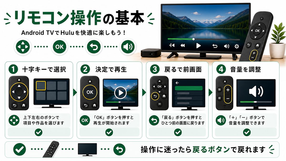 Android TVリモコンでHuluを操作する基本ボタンを示す図解