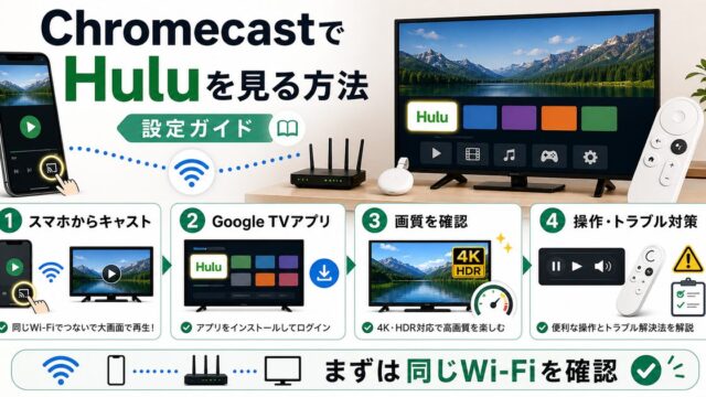 ChromecastでHuluを見る方法とキャストや画質確認を示すアイキャッチ