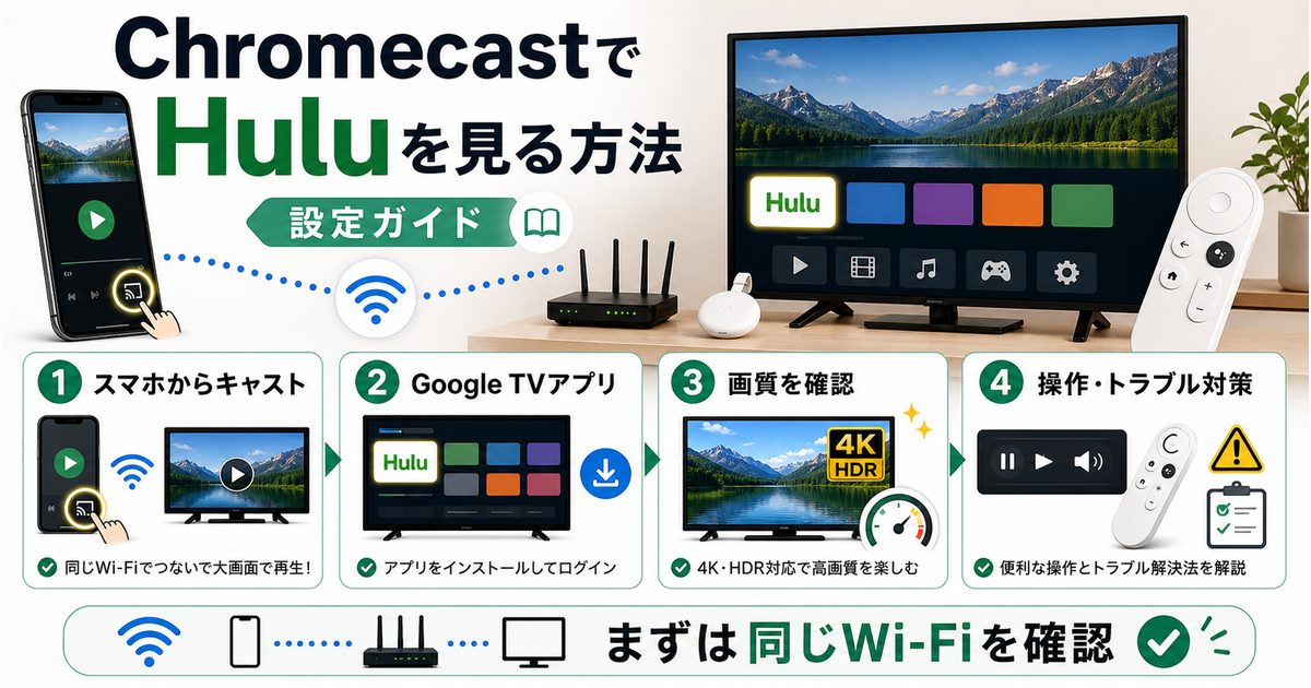 ChromecastでHuluを見る方法とキャストや画質確認を示すアイキャッチ