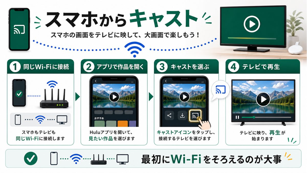 スマホからChromecastでHuluをテレビへキャストする手順を示す図解