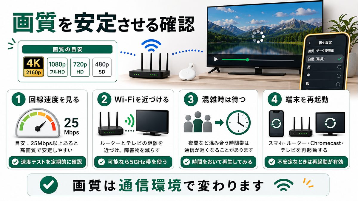 ChromecastでHuluの画質や解像度が不安定な時の確認ポイントを示す図解