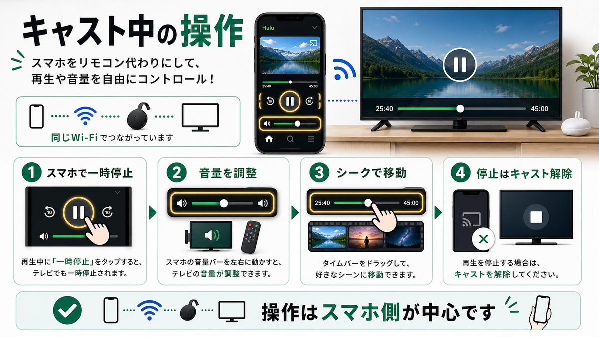 ChromecastでHuluをキャスト中に一時停止や音量調整を行う方法を示す図解