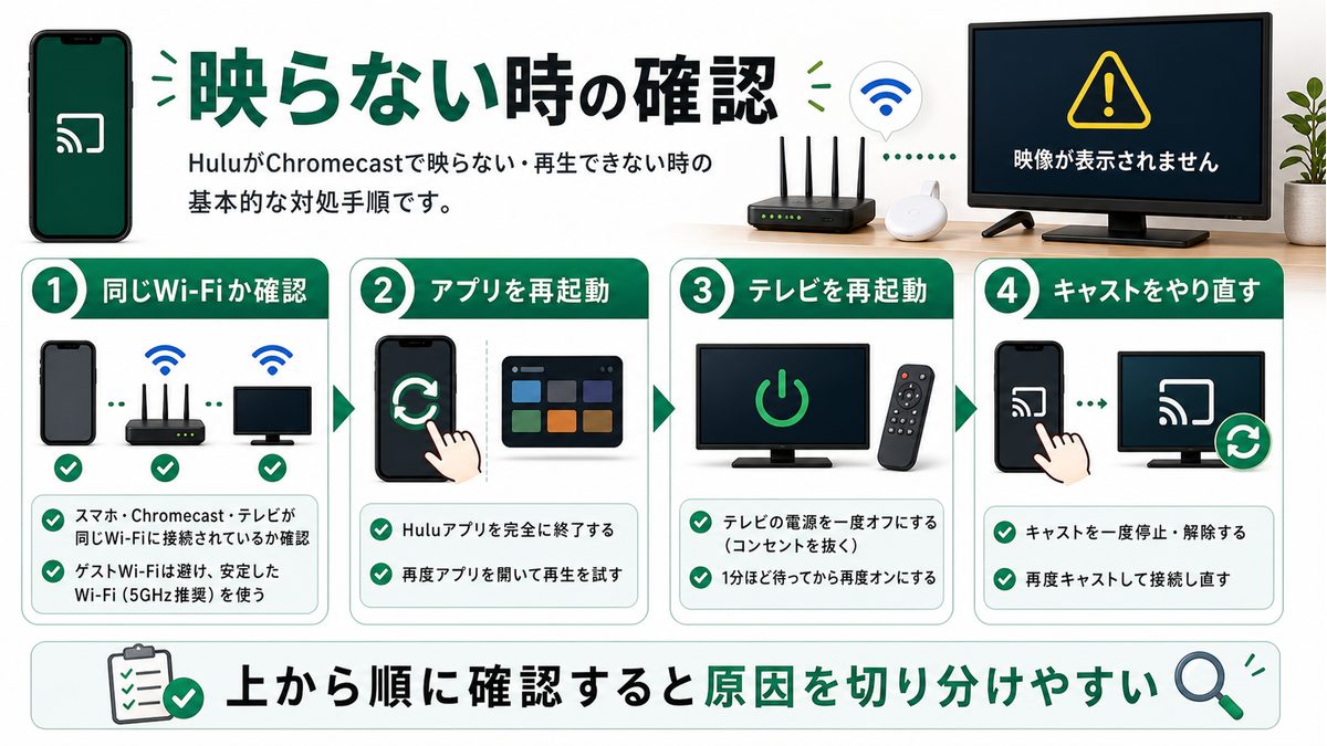 ChromecastでHuluが映らない時の確認順を示すトラブル対処図解