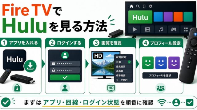 Fire TVでHuluを見る方法とアプリ導入や画質確認を示すアイキャッチ