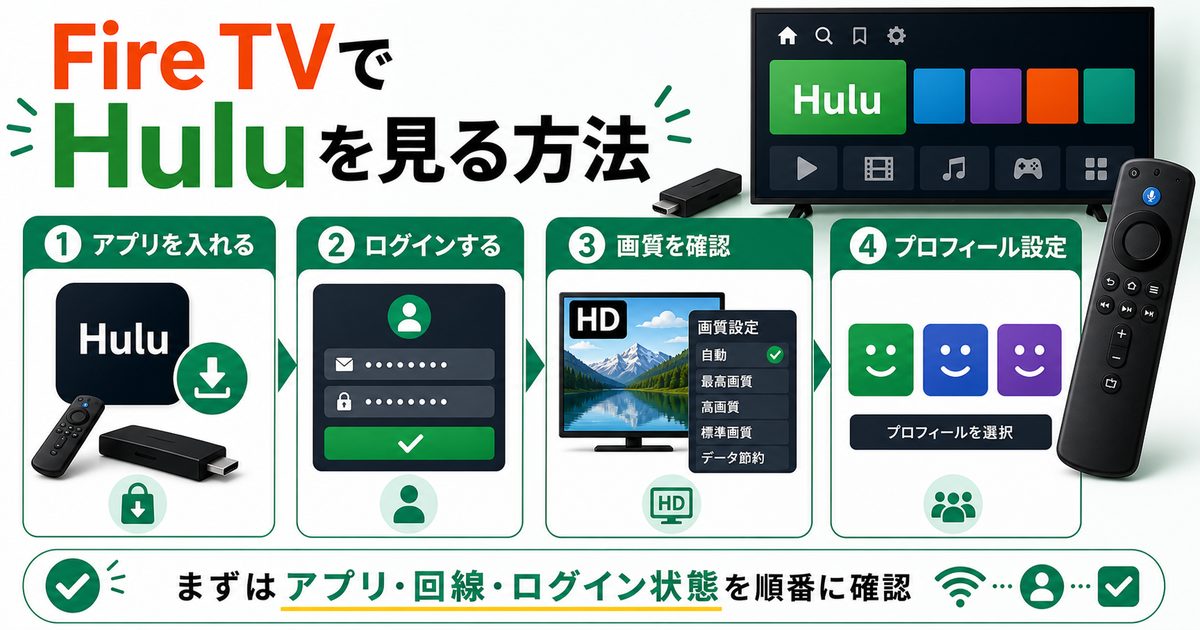 Fire TVでHuluを見る方法とアプリ導入や画質確認を示すアイキャッチ