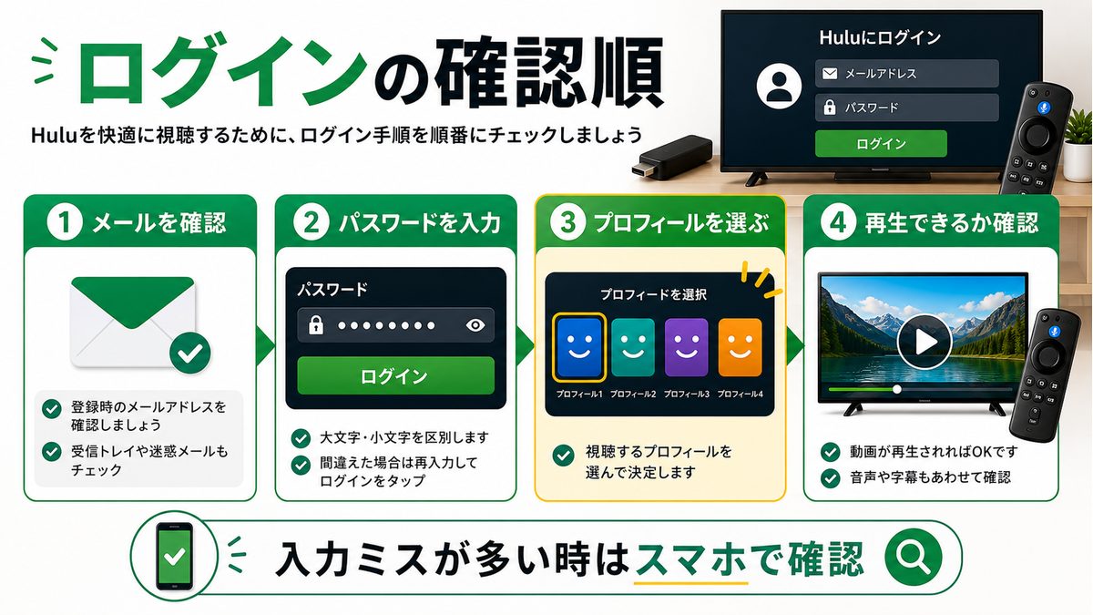 Fire TVでHuluにログインしてプロフィールを選ぶ手順を示す図解