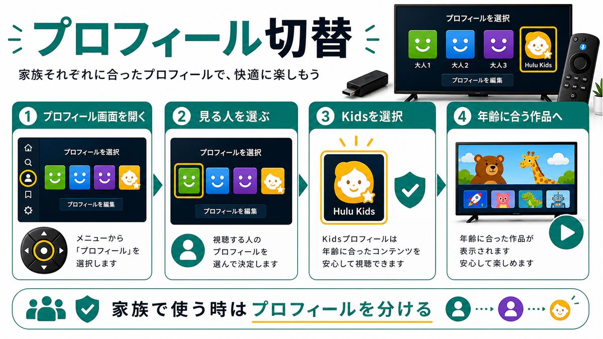 HuluのプロフィールとHulu Kidsを切り替える手順を示す図解