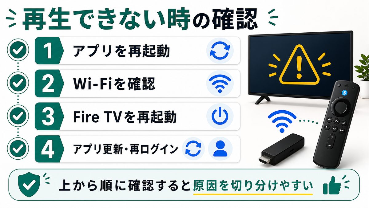 Fire TVでHuluが再生できない時の確認順を示すトラブル対処図解