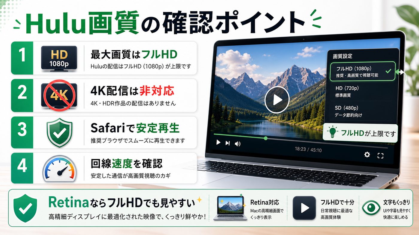 HuluのMac視聴で確認する画質設定と4K非対応を示す図解