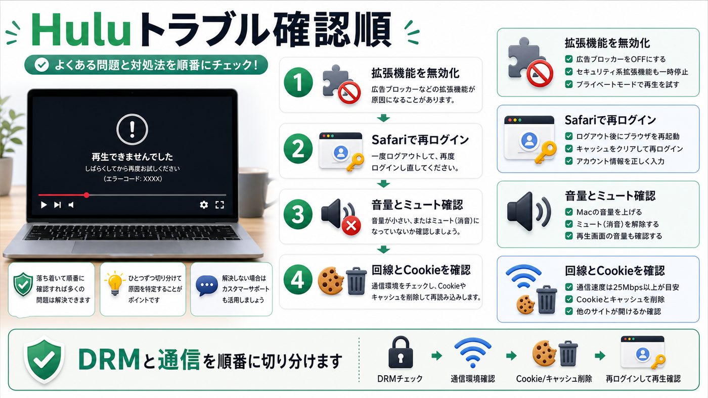 MacでHuluが再生できない時の確認順を示すトラブル対処図解
